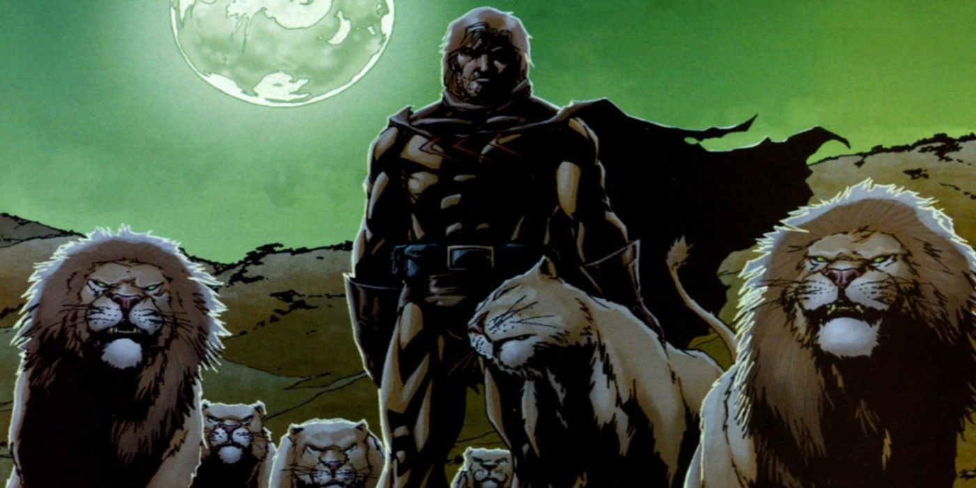 Catman stands amidst his pride of lions under the moon