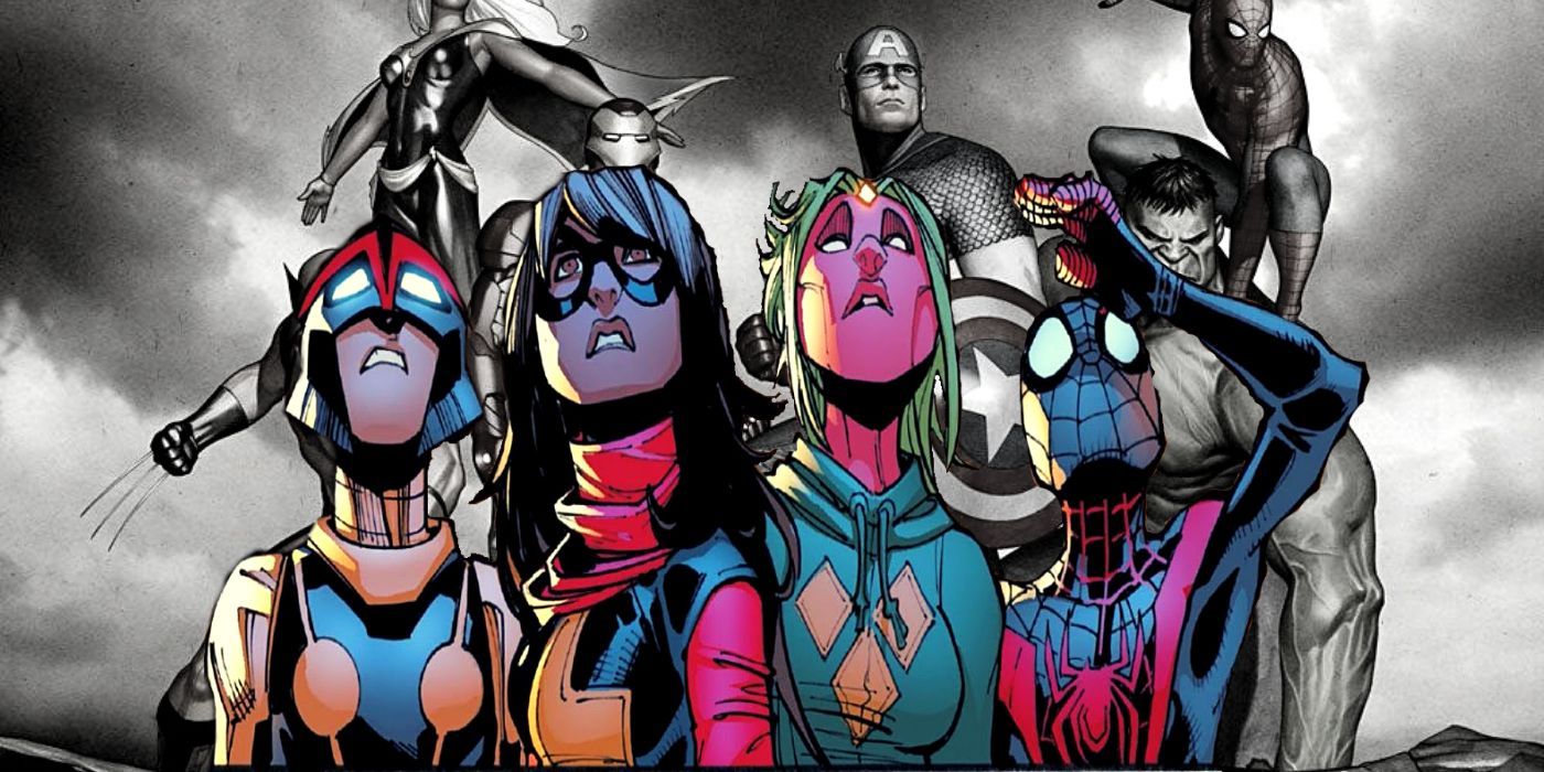 Nova, Ms. Marvel, Viv, and Miles Morales Champions over the greyscale Avengers