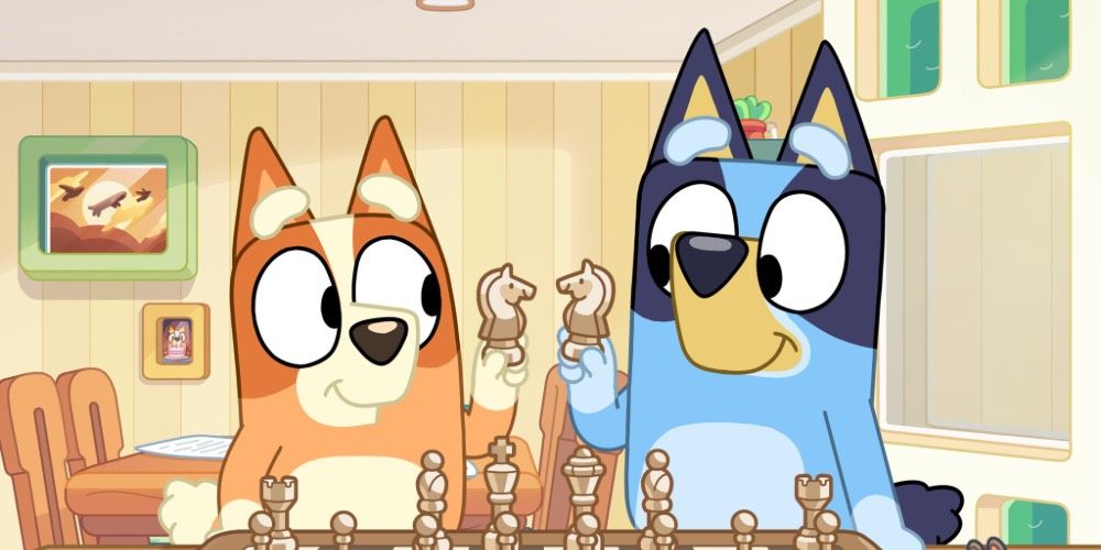 Two Bluey characters holding chess pieces in the episode "Chest"