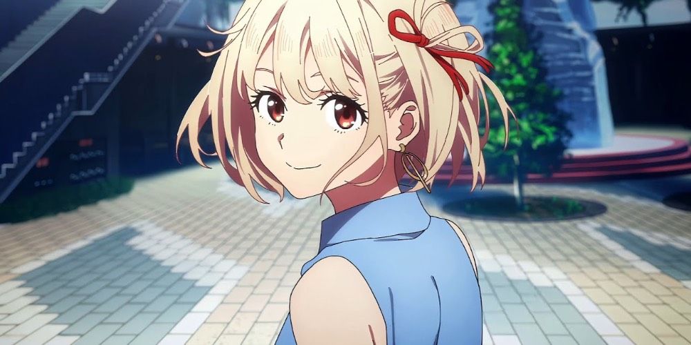 Chisato from Lycoris Recoil looking over her shoulder and smiling