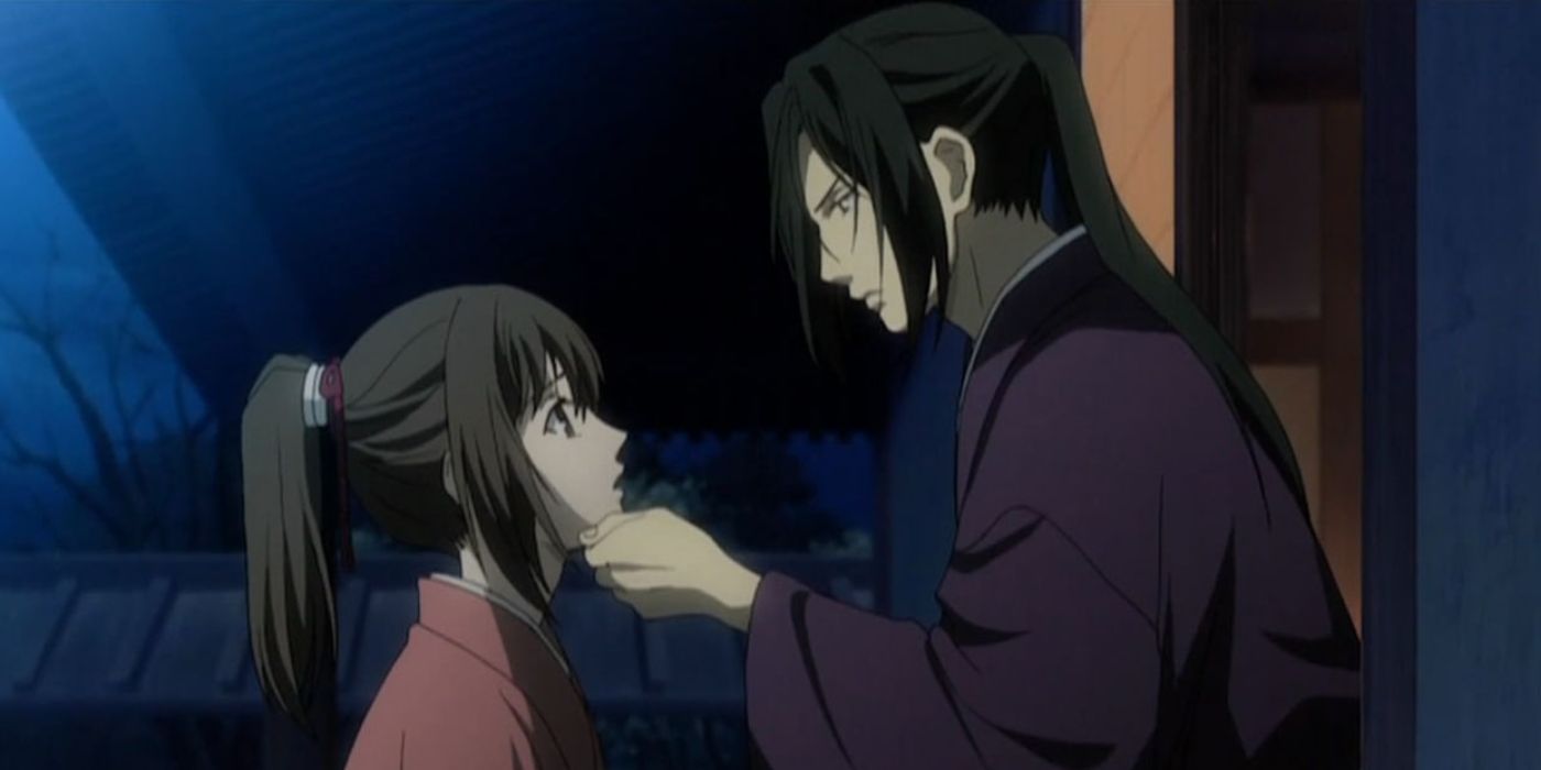 Hijikata holding Chizuru's chin in Hakuouki Episode 13