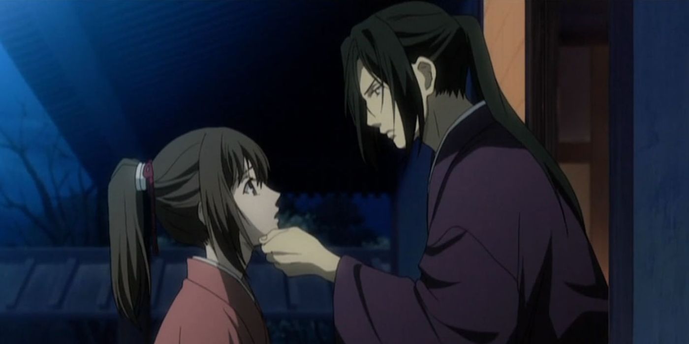 Hijikata segurando o queixo de Chizuru em Hakuouki Episódio 13