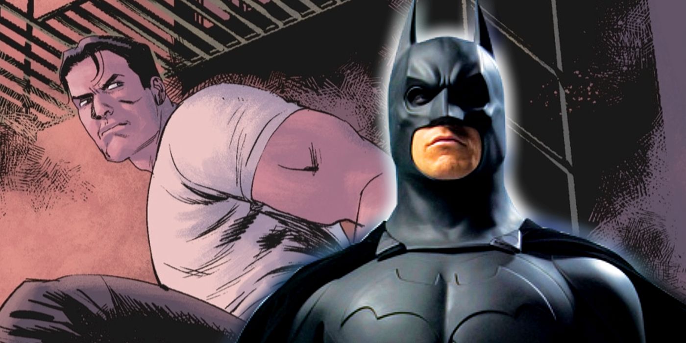 Christian Bale's Batman Begins outfit alongside an illustration of Bruce Wayne from Detective Comics 1064