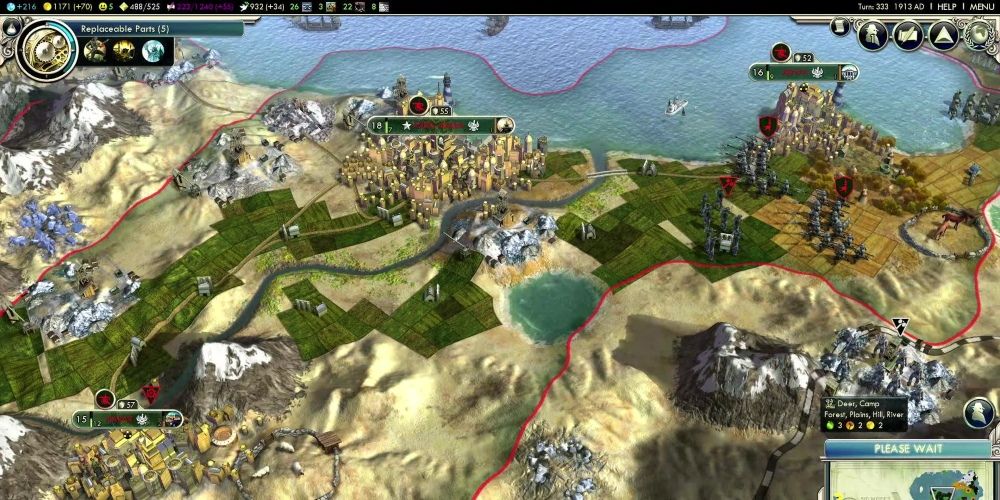 A late-stage game of Civilization V.