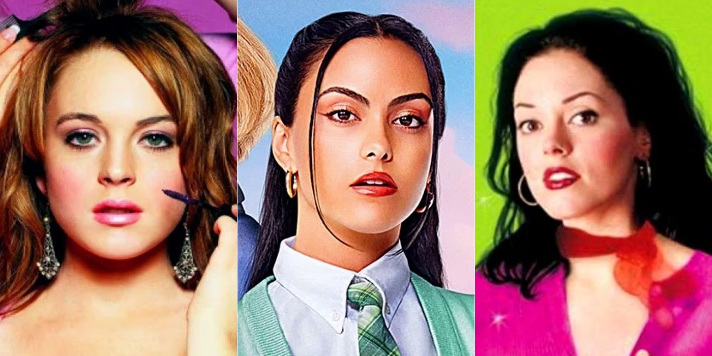 Split image of Lindsay Lohan in Mean Girls, Camila Mendes in Do Revenge, and Rose McGowan in Jawbreaker