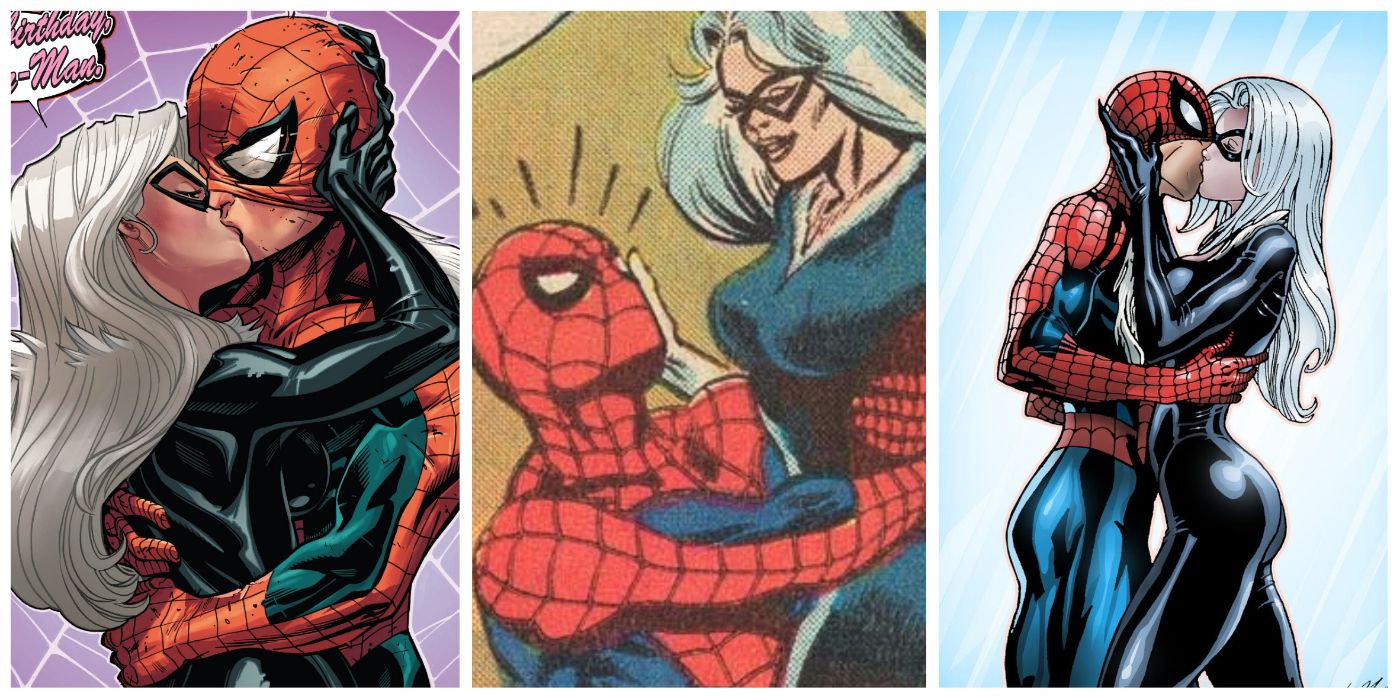 A split image of Spider-Man and the Black Cat embracing in Marvel Comics