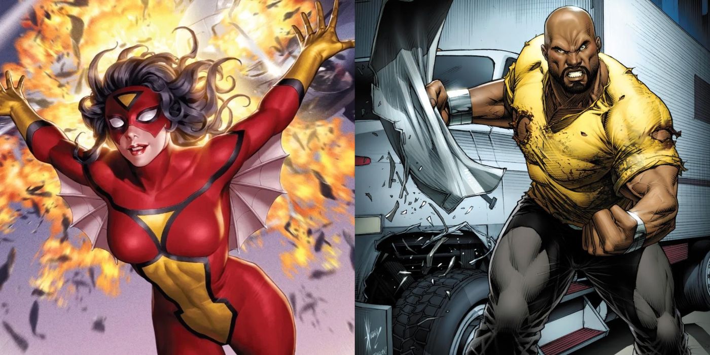 A split image of Spider-Woman gliding away from an explosion and Luke Cage ripping a piece of metal off a truck