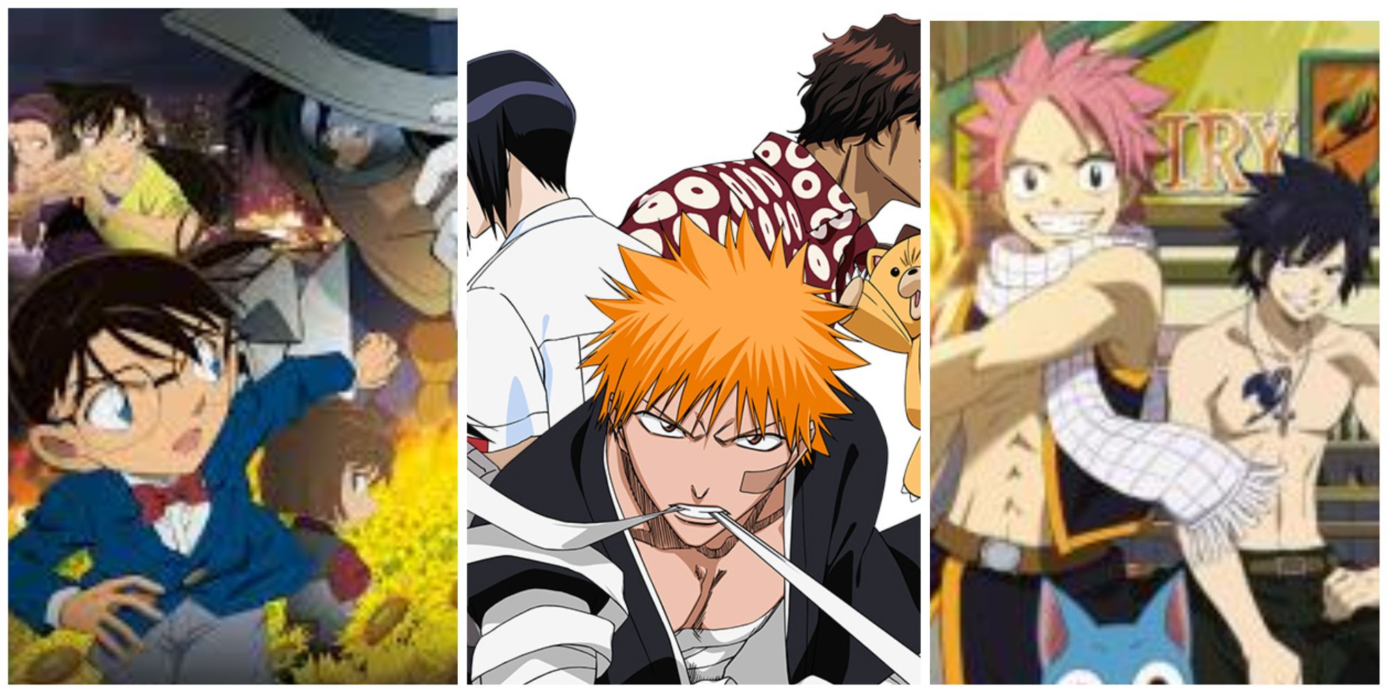 A split image featuring Detective Conan, Bleach, and Fairy Tail
