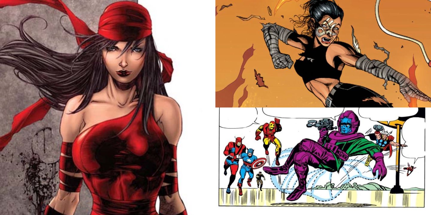 Clockwise from left: Elektra, Echo, and Kang the Conqueror in their comic costumes