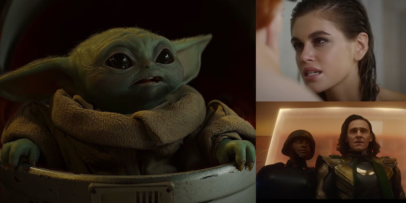 Collage images featuring Baby Yoda (Grogu), Ruby, Hunter B-15 and Loki in Disney+ original series