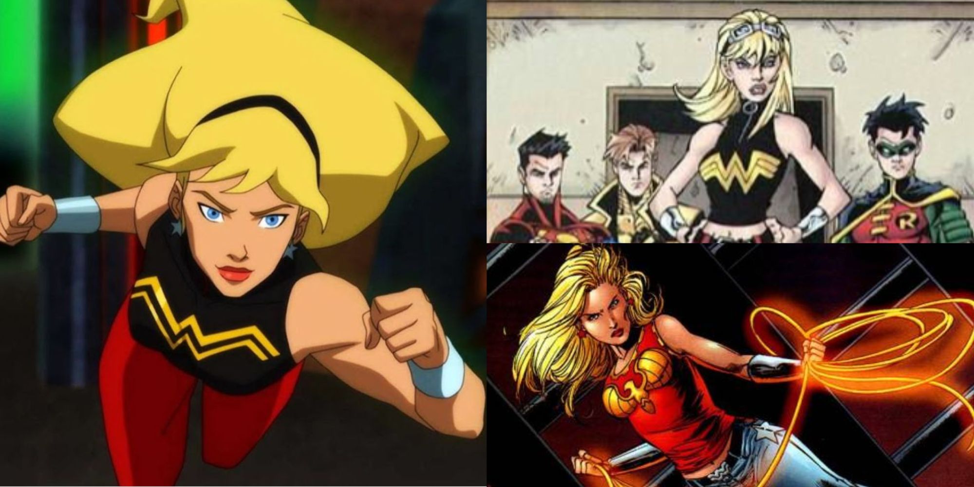 Clockwise from left to right: Cassie Sandsmark as she appears in the Young Justice TV show, Cassie Sandsmark leader her 90s Young Justice teammates, and Cassie Sandsmark in her mid-aughts costume wielding her lasso