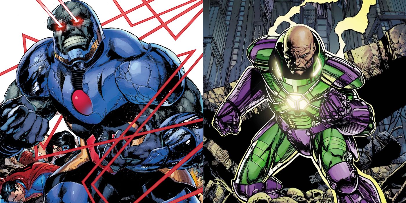 A split image of Darkseid and Lex Luthor from DC Comics