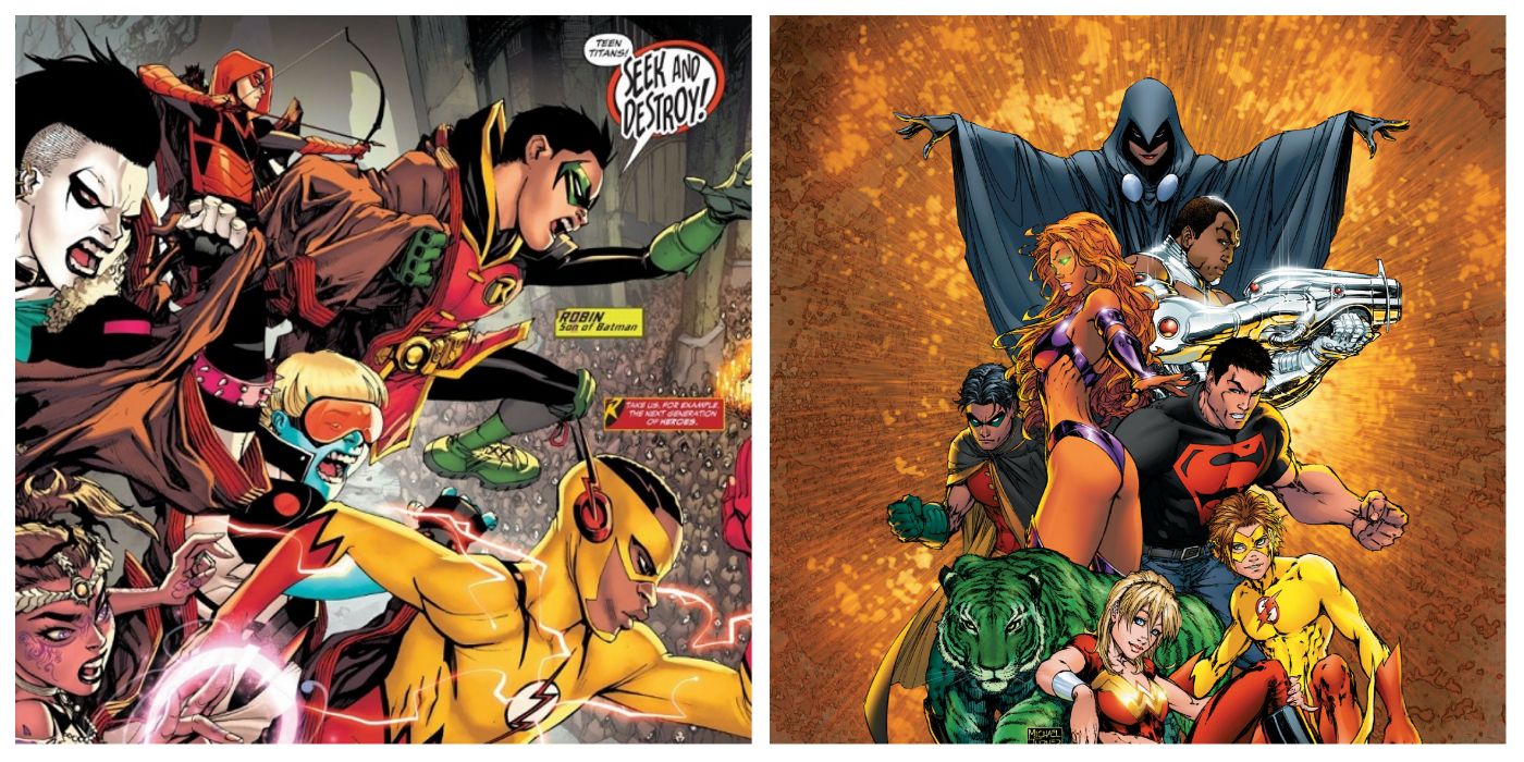 split image of Damian Wayne's Teen Titans and the Young Justice Teen Titans