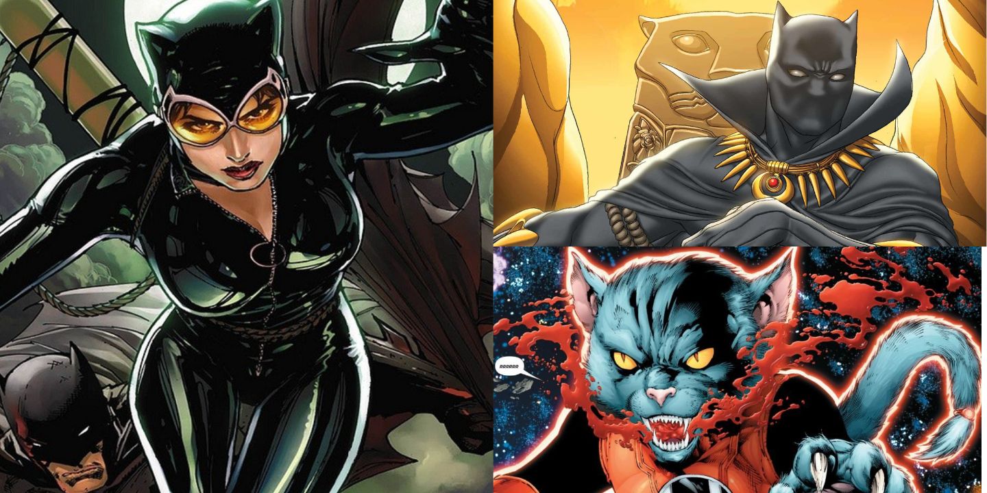 Clockwise from left: Catwoman, Black Panther, and Dex-Starr in various cat themed comic