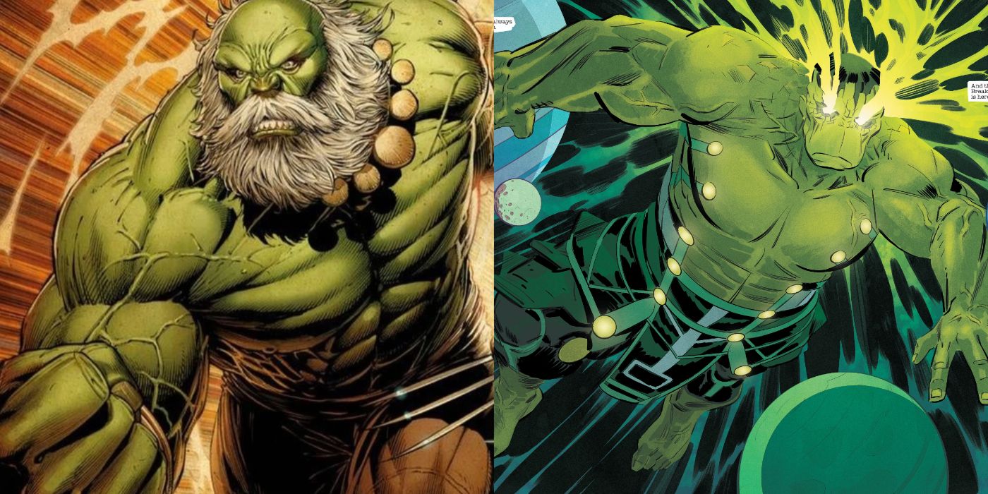 A split image of Maestro and the Entropy Hulk from The Immortal Hulk