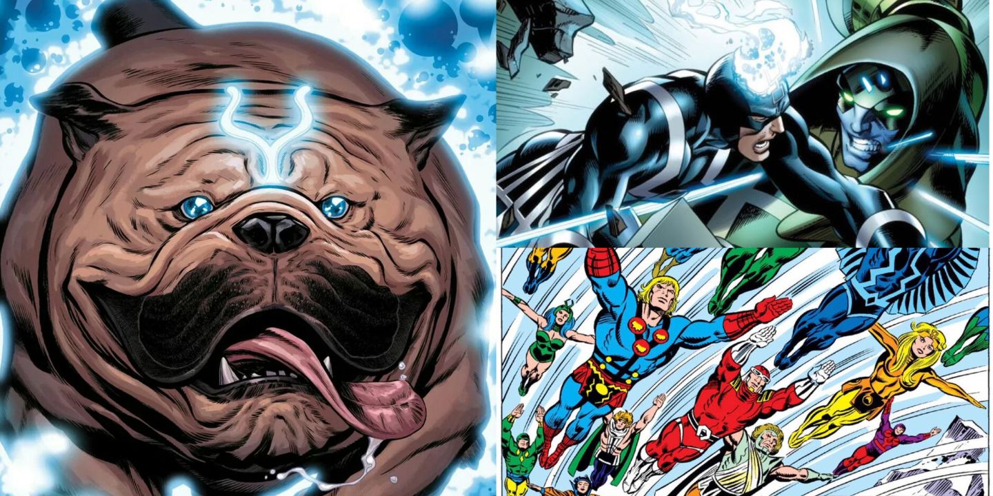 Clockwise from left: Lockjaw running forward, Black Bolt punching Ronan the Accuser, and Ikaris flying with a host of Inhumans and Eternals