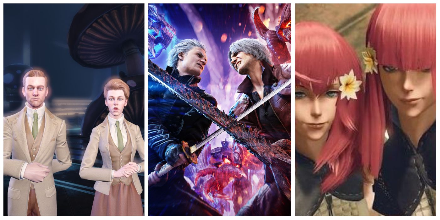 split image of Lutece twins from Bioshock Infinite, Dante and Vergil from Devil May Cry, Devola and Popola from NieR