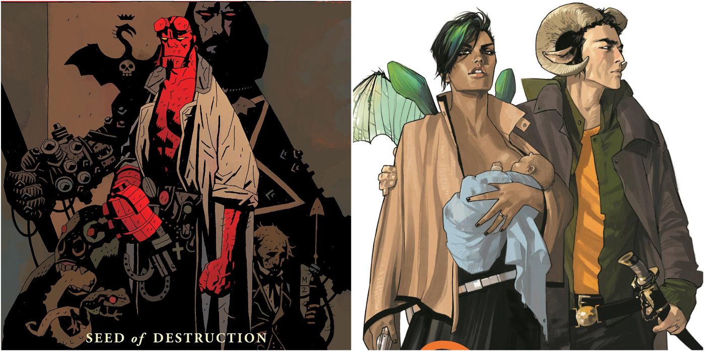split image of Hellboy and Alana, Marko, and Hazel from Saga comics