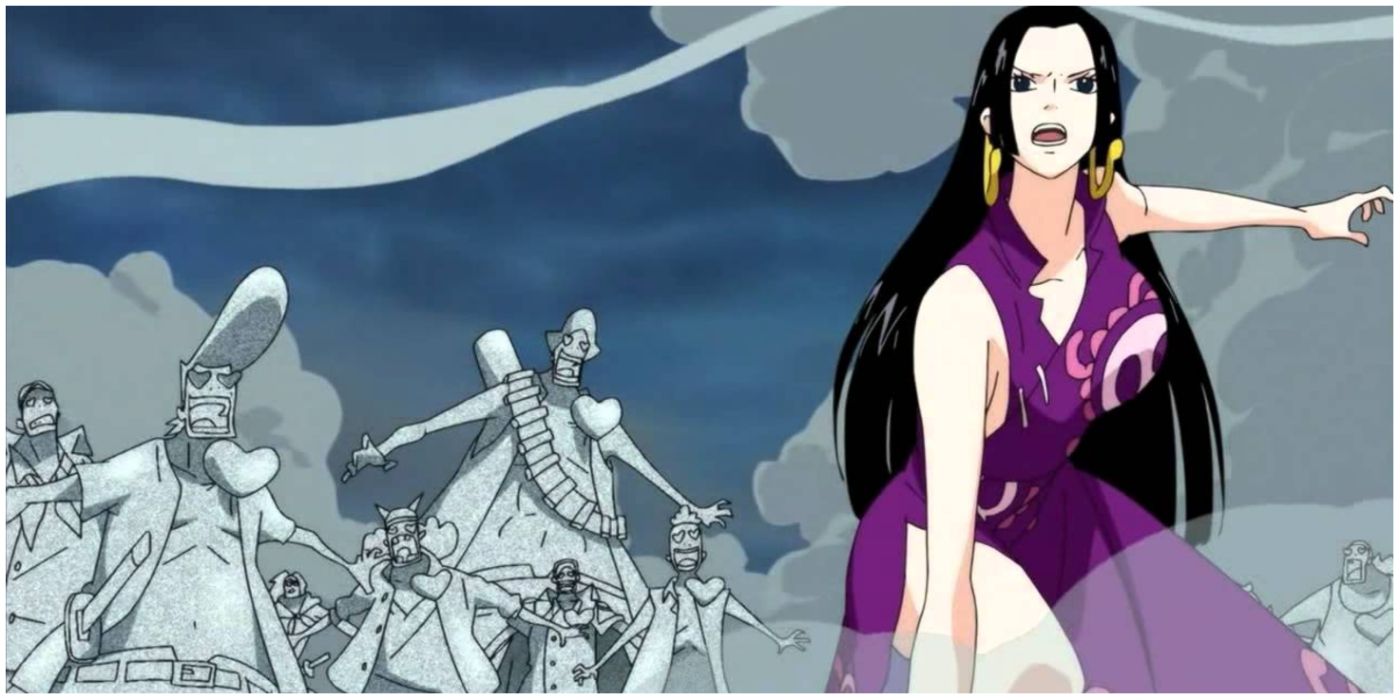 Boa Hancock turning men to stone during the Summit War in One Piece.