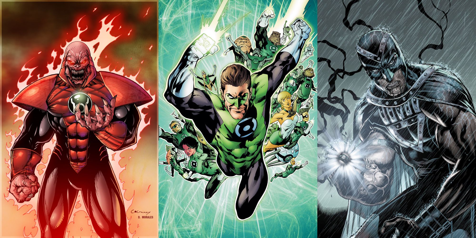 A split image of Atrocitus, Hal Jordan and the Green Lantern Corps, and the Black Hand