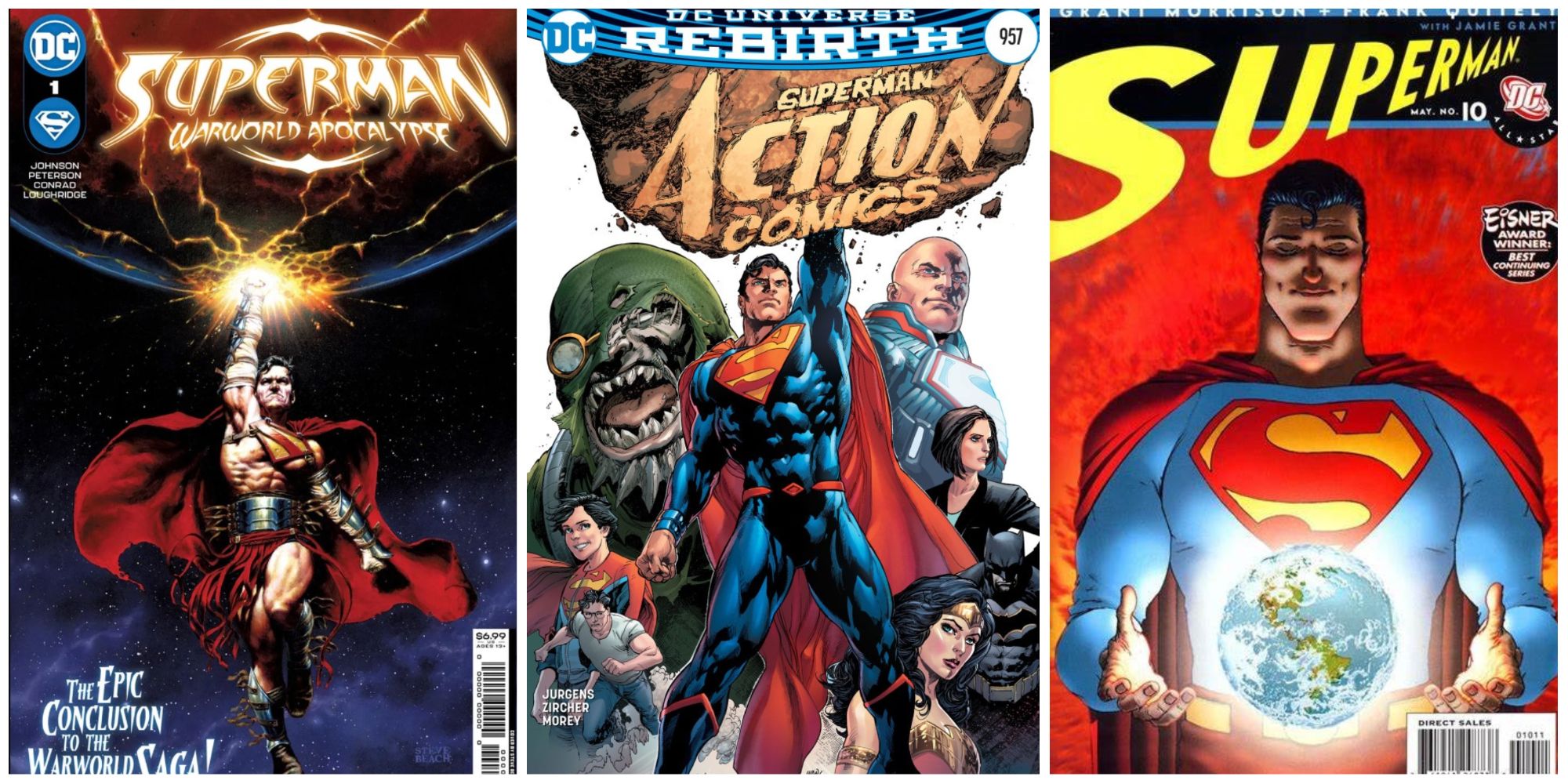A split image of Superman comics, including All-Star Superman, Warworld Saga, and Action Comics Rebirth