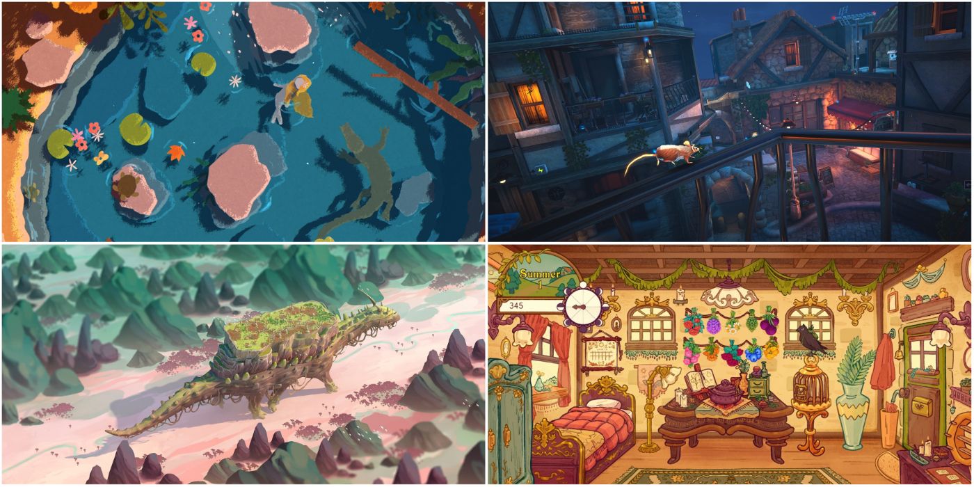A collage of stills from the games NAIAD, The Spirit and the Mouse, The Wandering Village, and Witchy Life Story