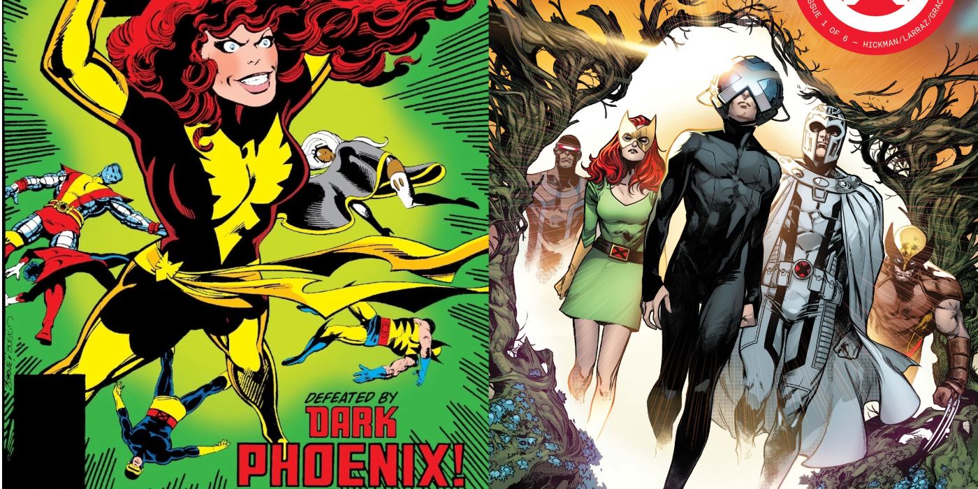 A split image of the comic covers for The Dark Phoenix Saga and for House Of X