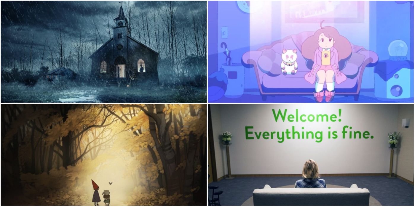 A collage of images from Midnight Mass, Bee and Puppycat, Over the Garden Wall, and The Good Place