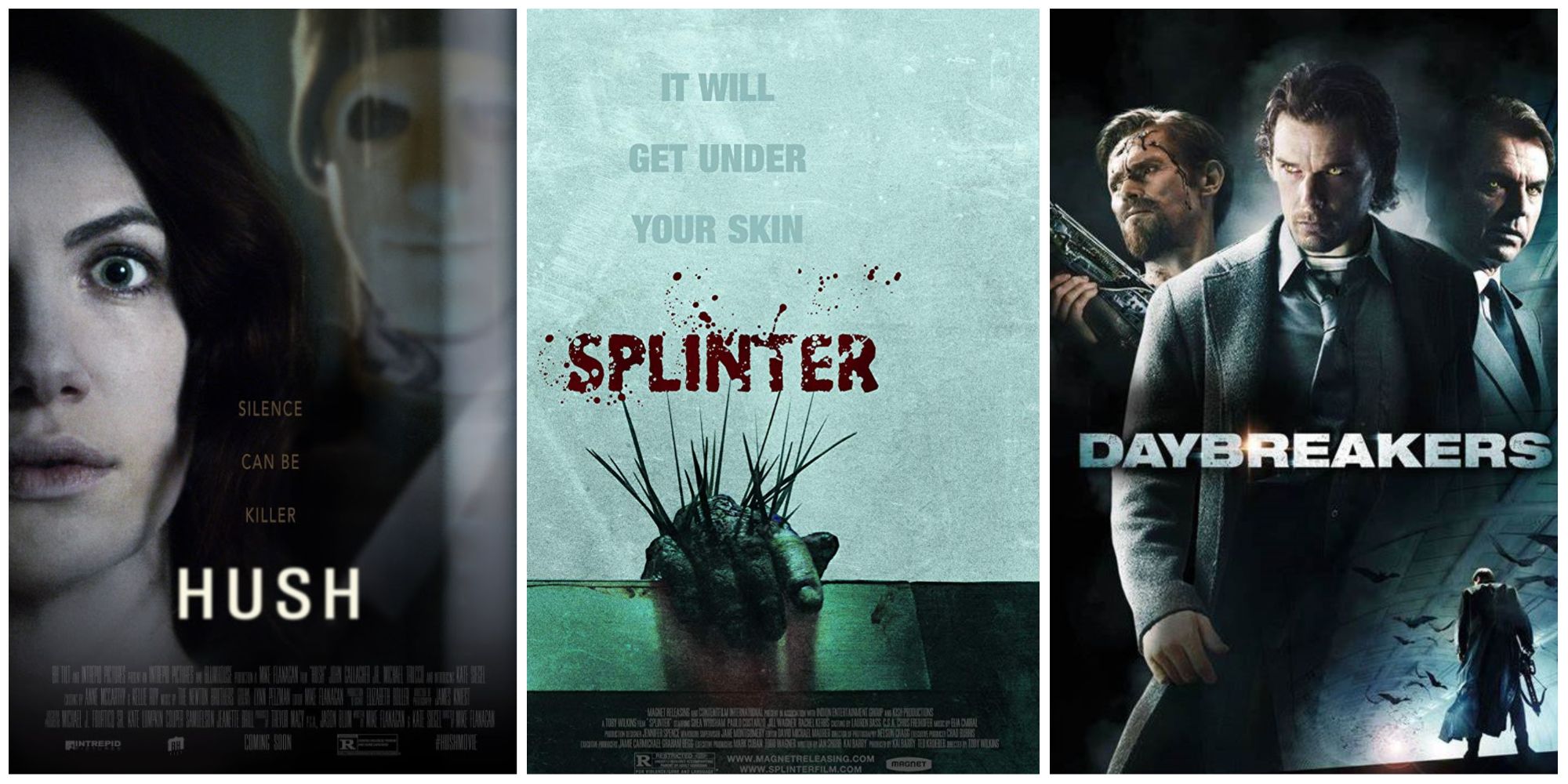 Hidden Gem Horror Movies, split image of Hush, Splinter, and Daybreakers