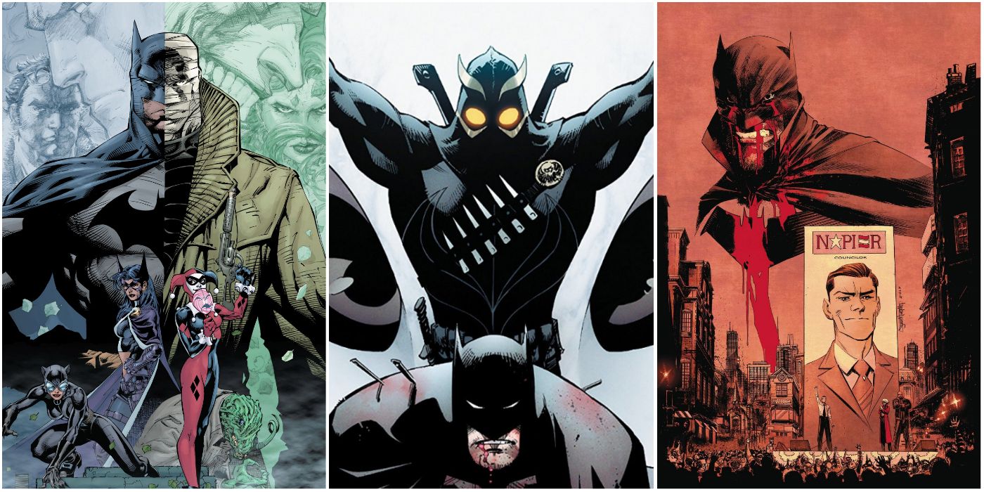 split image of Batman Hush, Court of Owls, and White Knight cover art