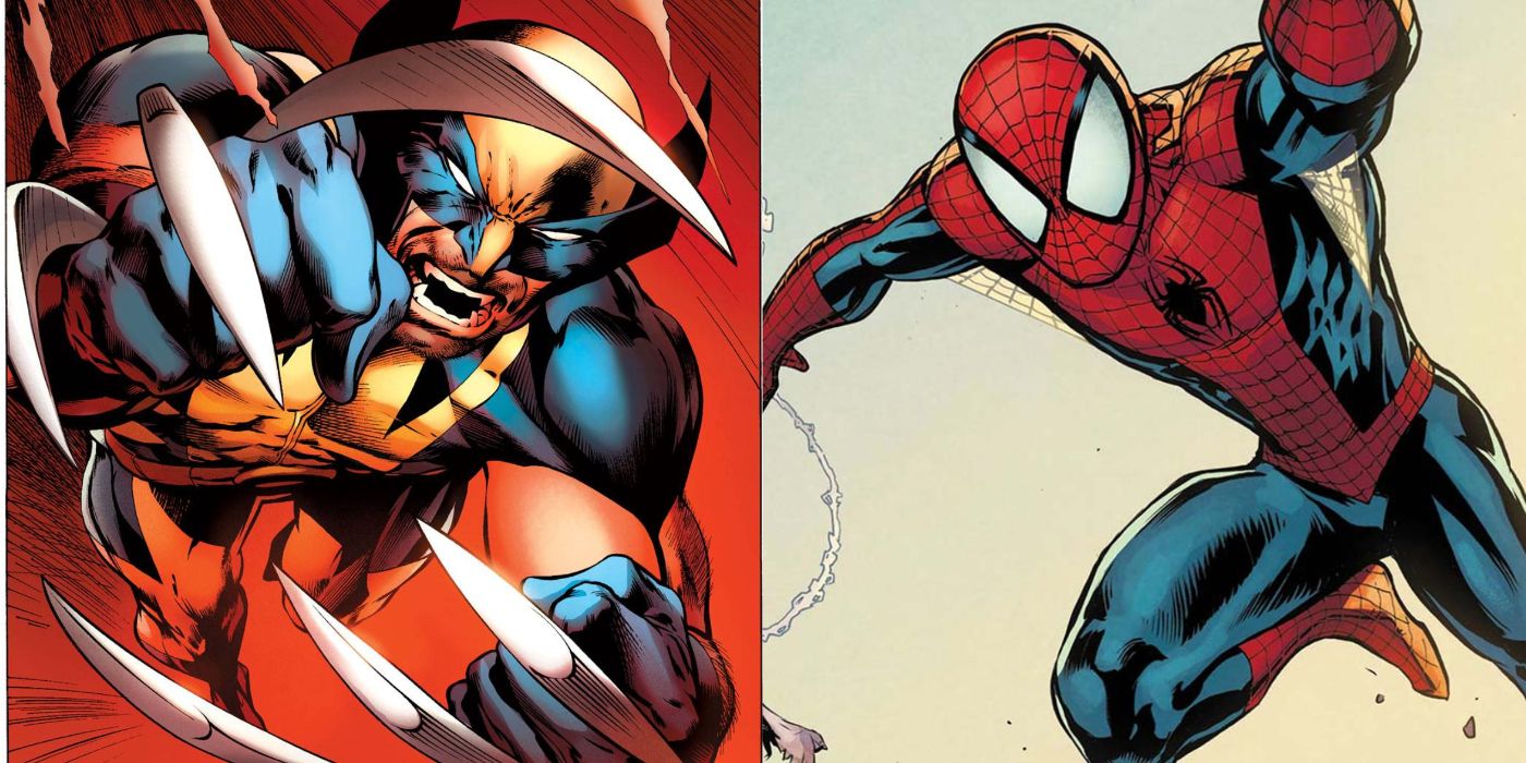 A split image of Wolverine lunging with his claws out and of Spider-Man leaping in the air