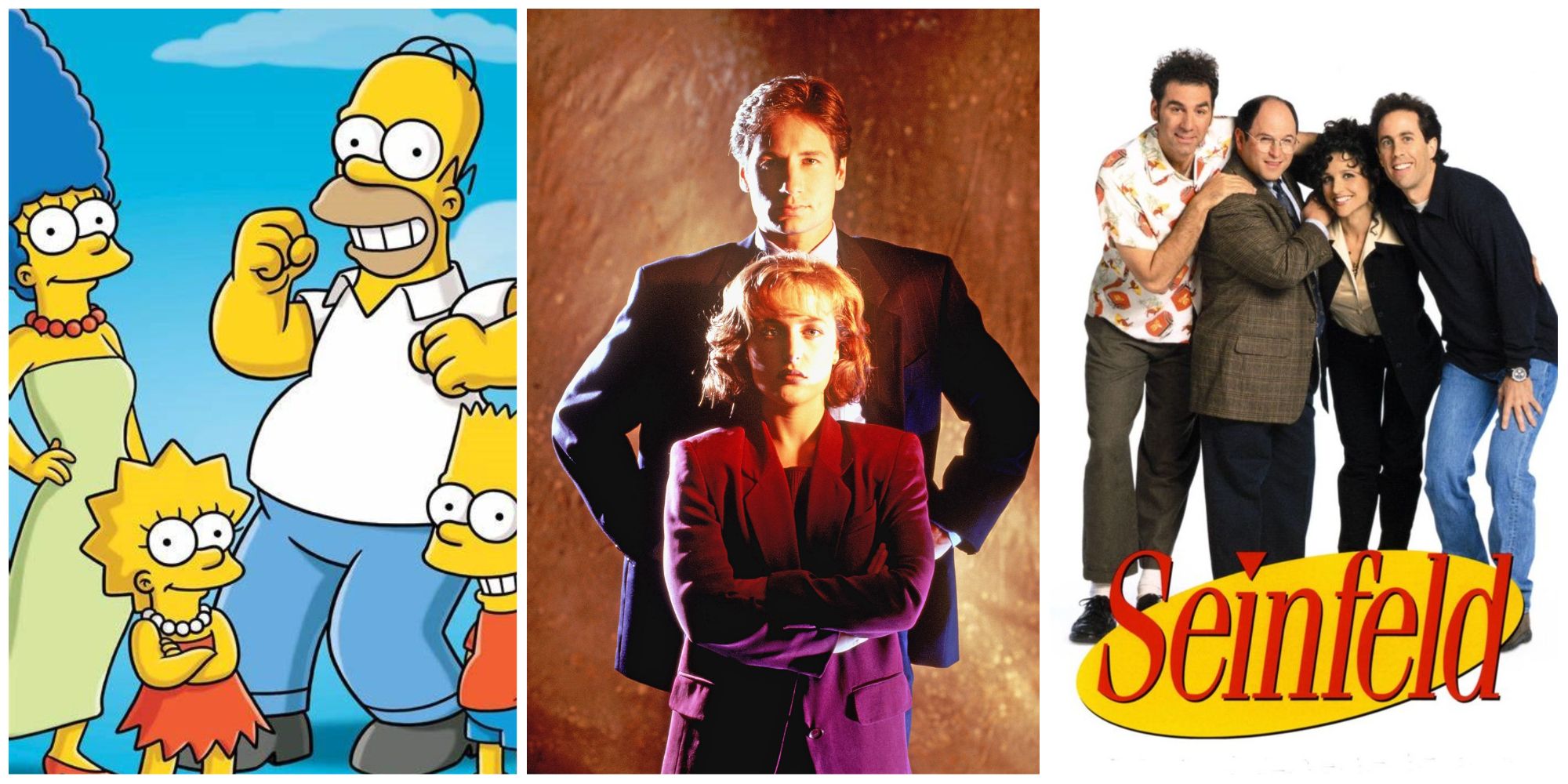 10 1990s TV Shows, split image of the Simpsons, X-Files, and the Seinfeld cast