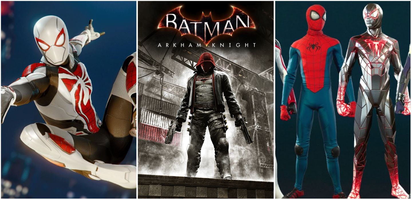 Original Video game suits featuring Spider-Man, Miles Morales, and Red Hood