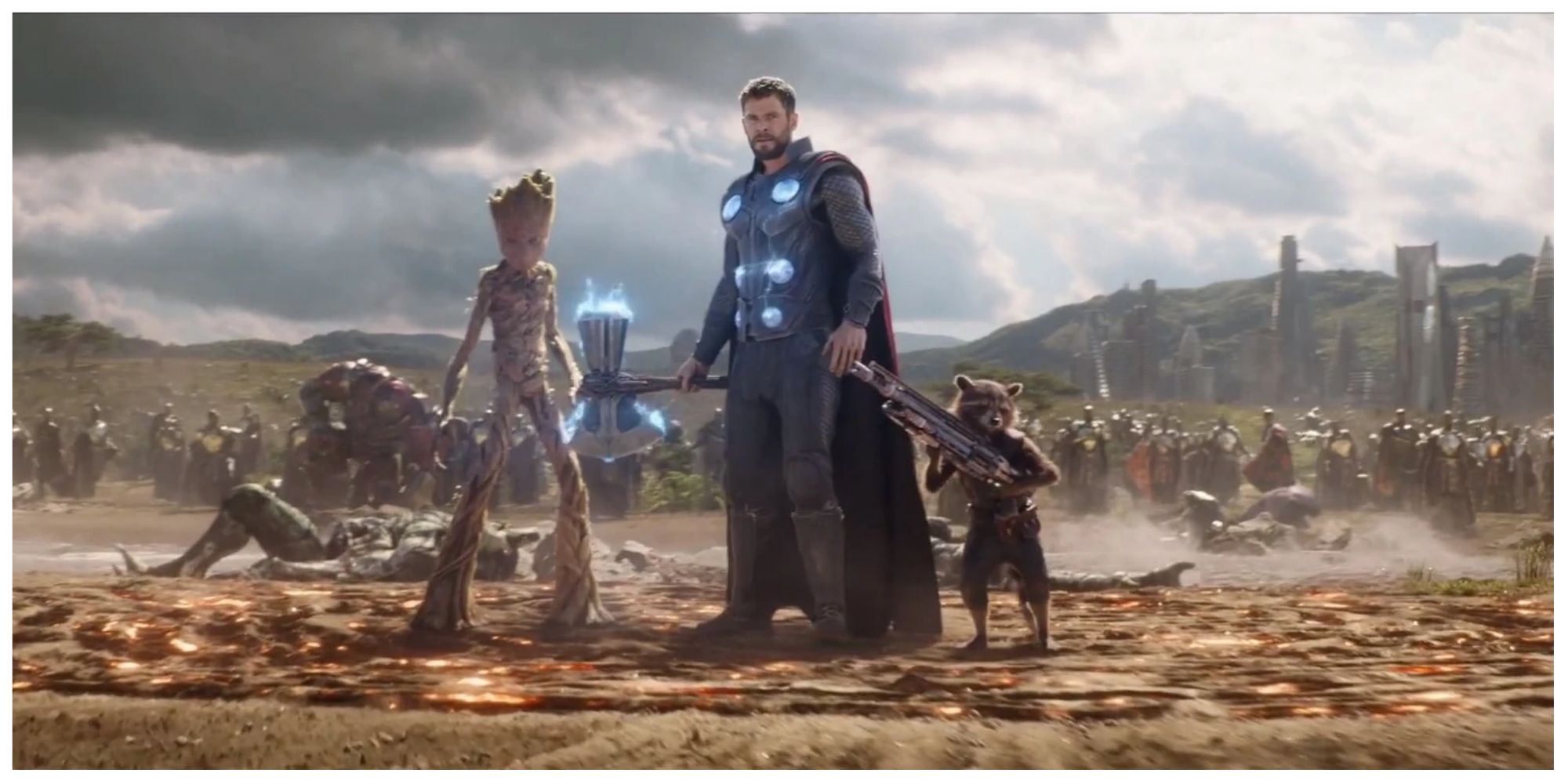Thor, Rocket, and Groot arriving at Wakanda for the battle against Thanos