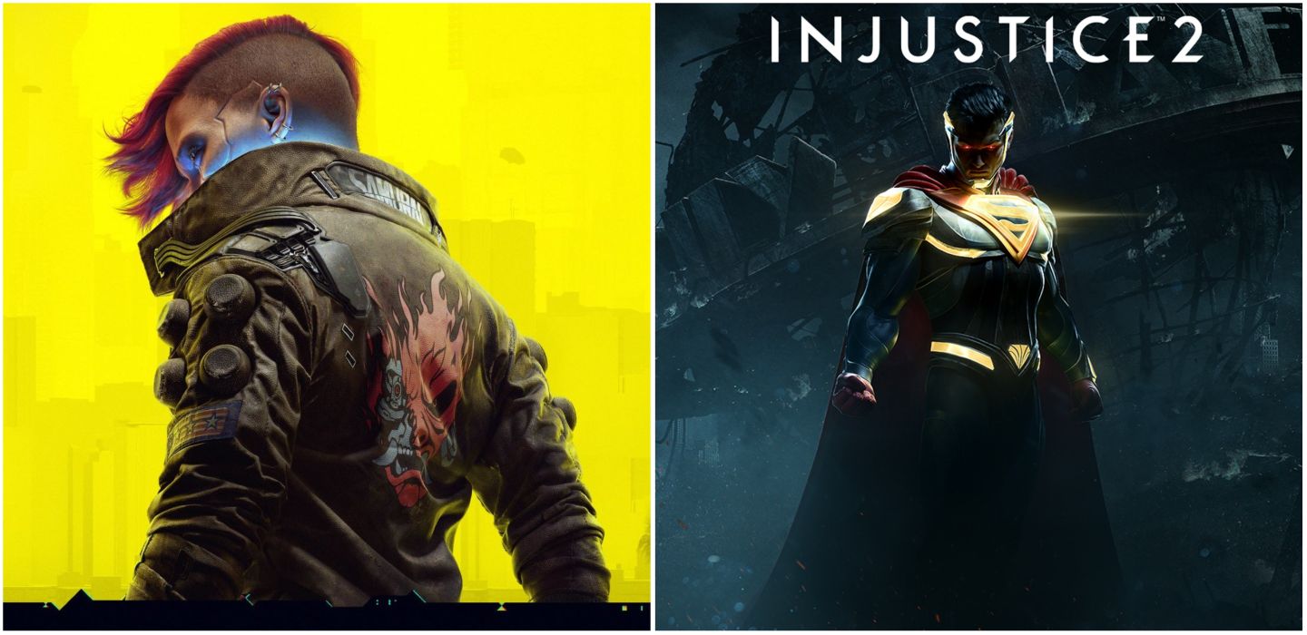 A split image of V from Cyberpunk 2077 and Superman from Injustice 2