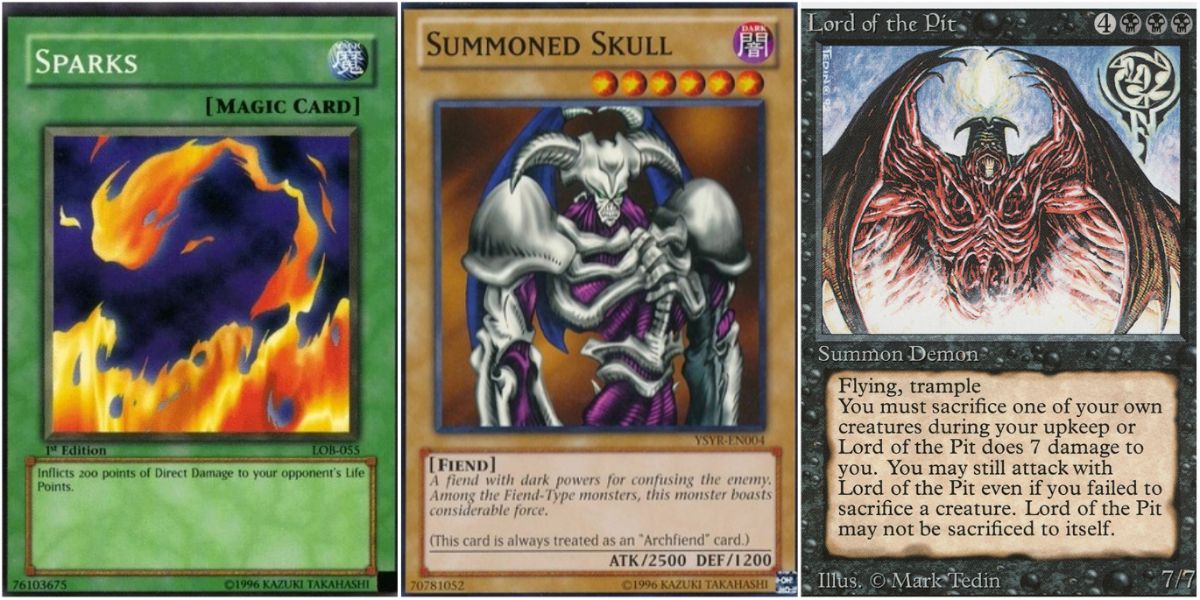 Yugioh cards; a "magic" card, summoned skull, and a Magic: The Gathering card