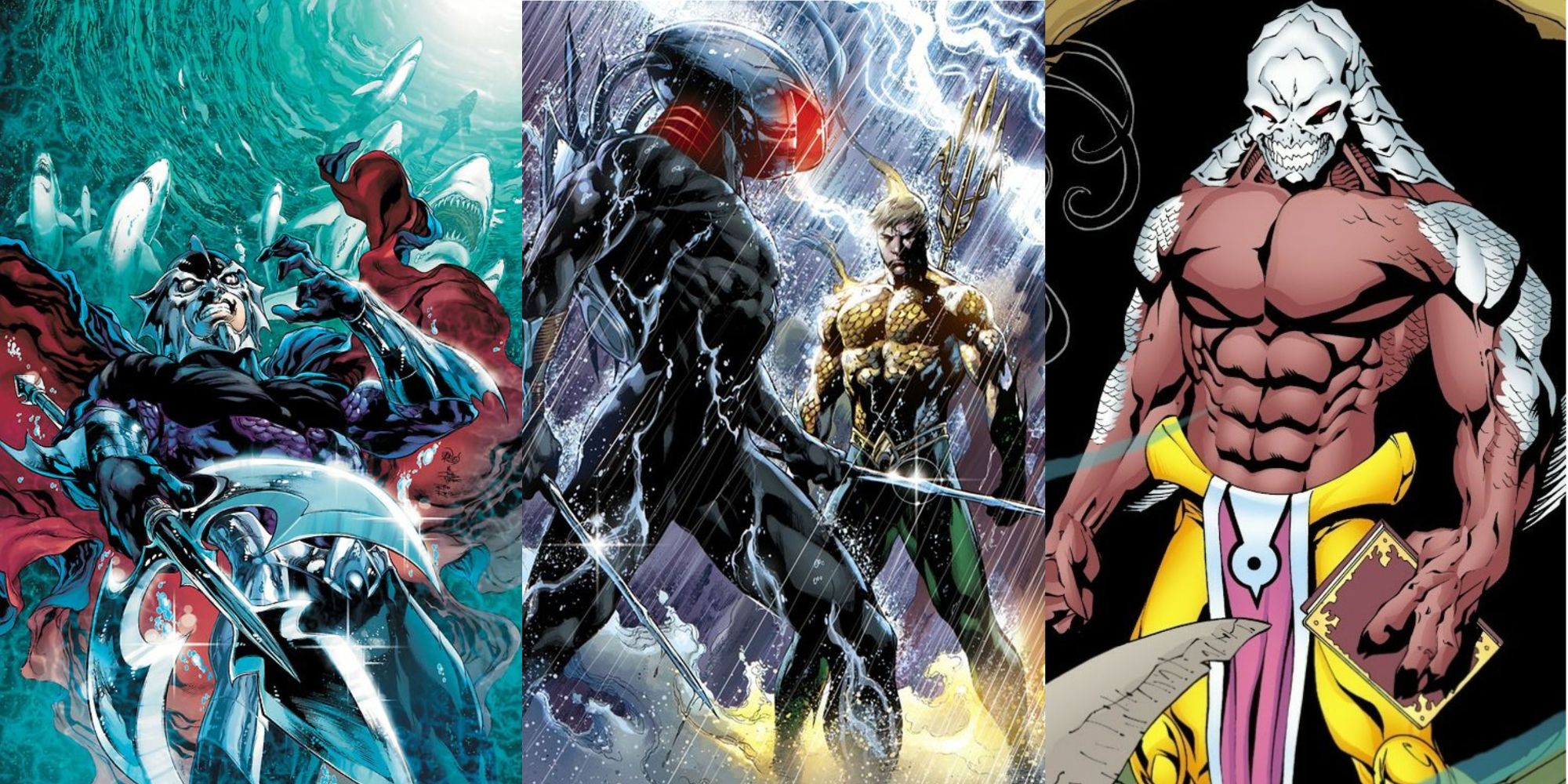 From left to right: Ocean Master, Black Manta and Aquaman squaring off, and Charybdis