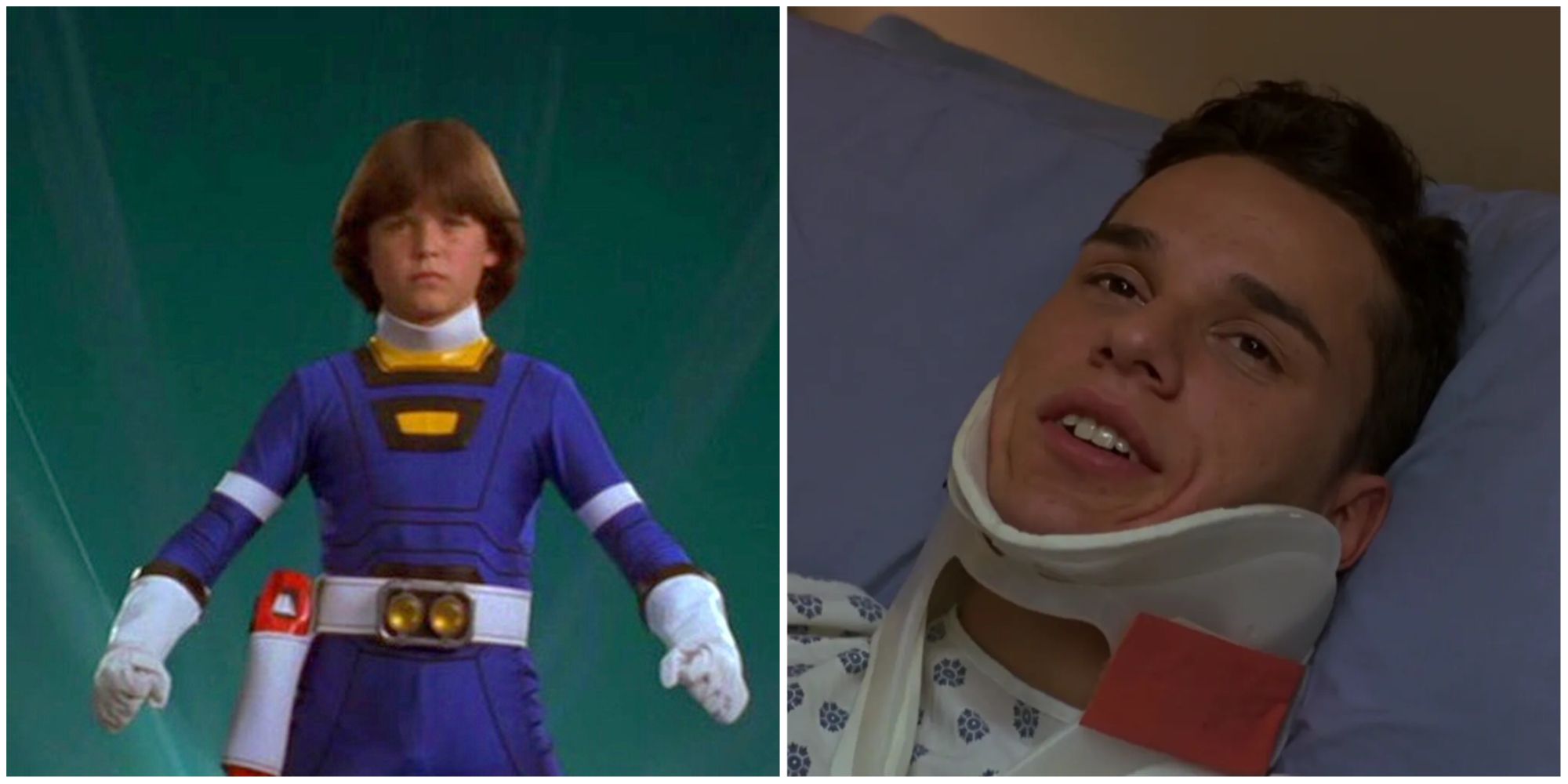 Rocky injured in a neck brace and Justin standing in the Blue Turbo uniform