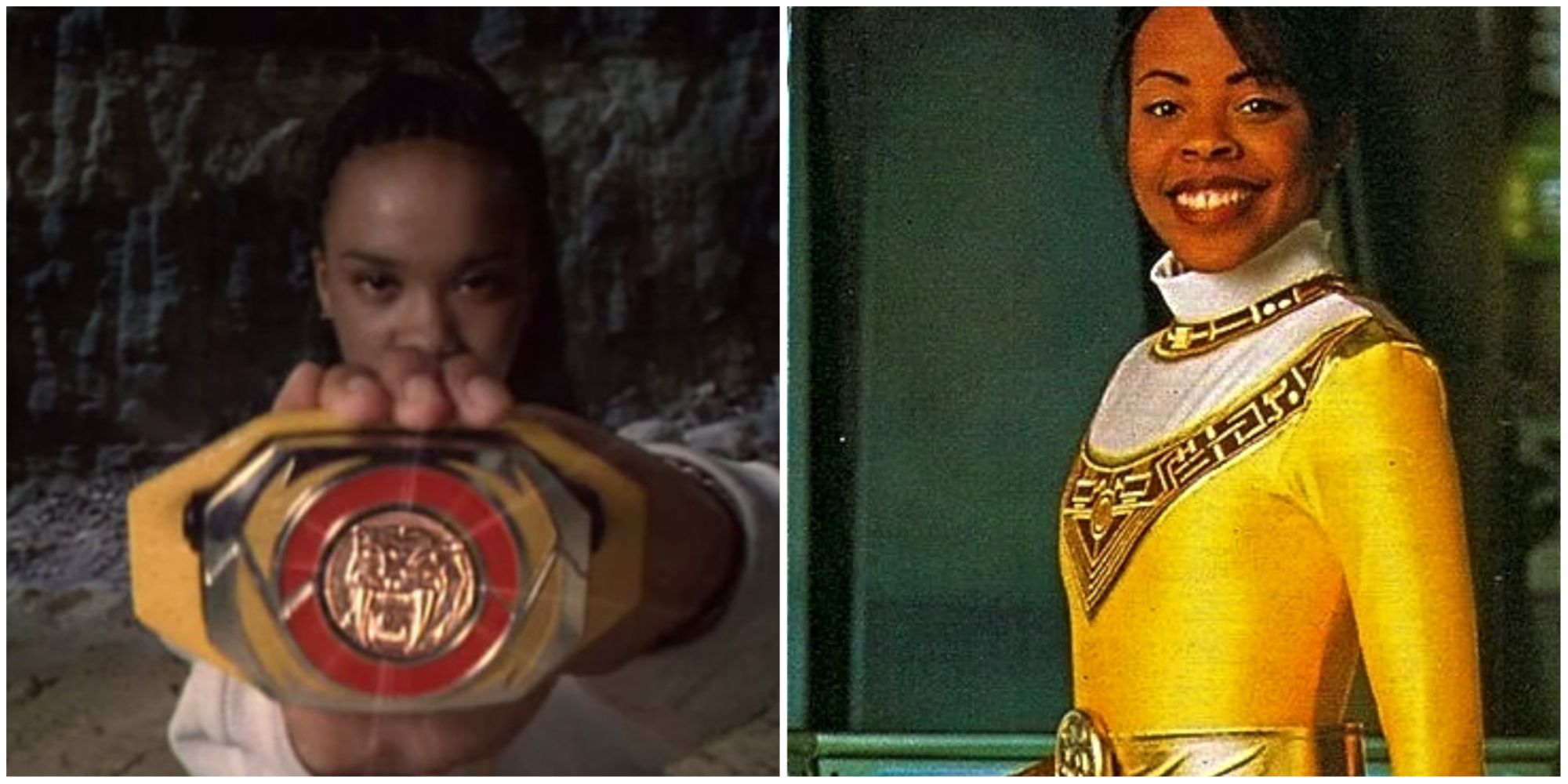 Aisha holding her Yellow morpher and Tanya smiling in the Yellow Zeo uniform