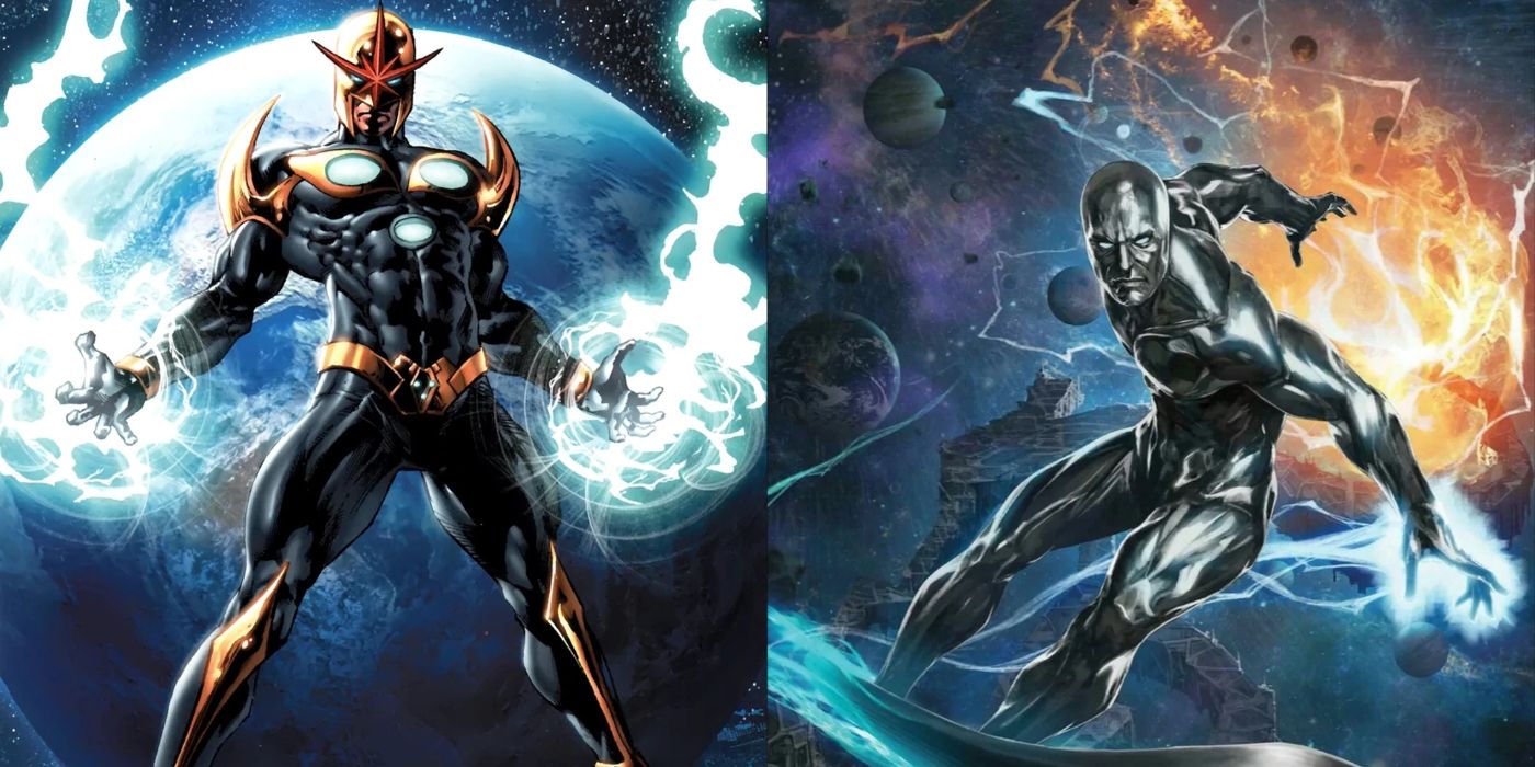 split image of Nova Richard Rider and Silver Surfer in space