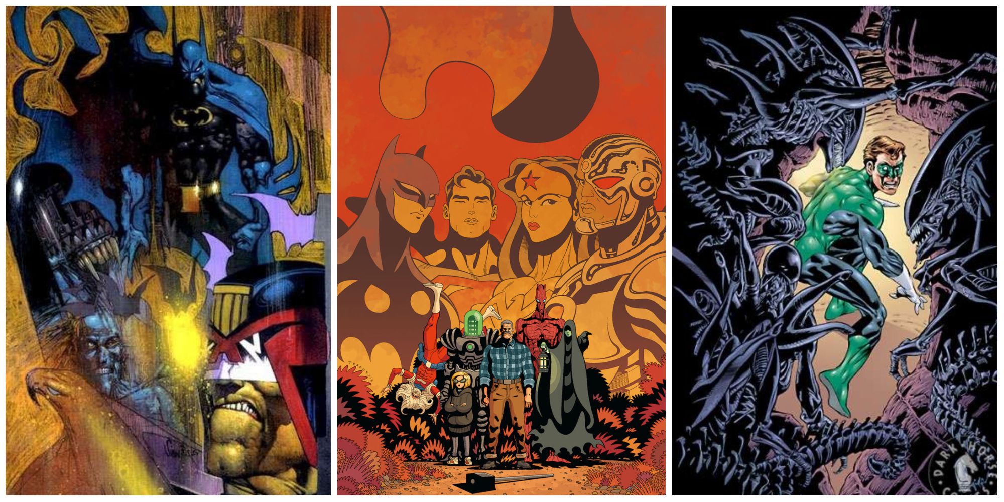 A split image of comic art from DC Comics Crossovers, including Batman with Judge Dredd, the Justice League with Black Hammer, and Aliens with Green Lantern