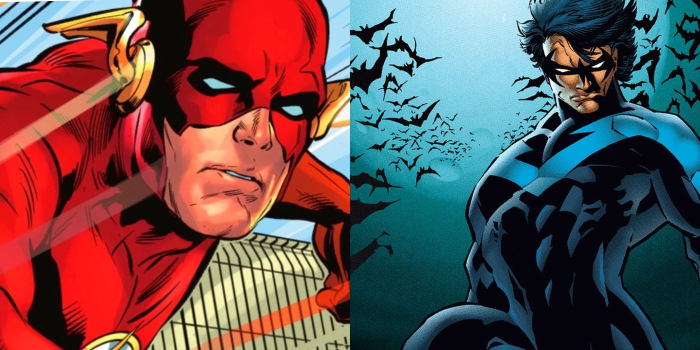 A split image of Wally West as the Flash and of Nightwing posing while bats fly behind him