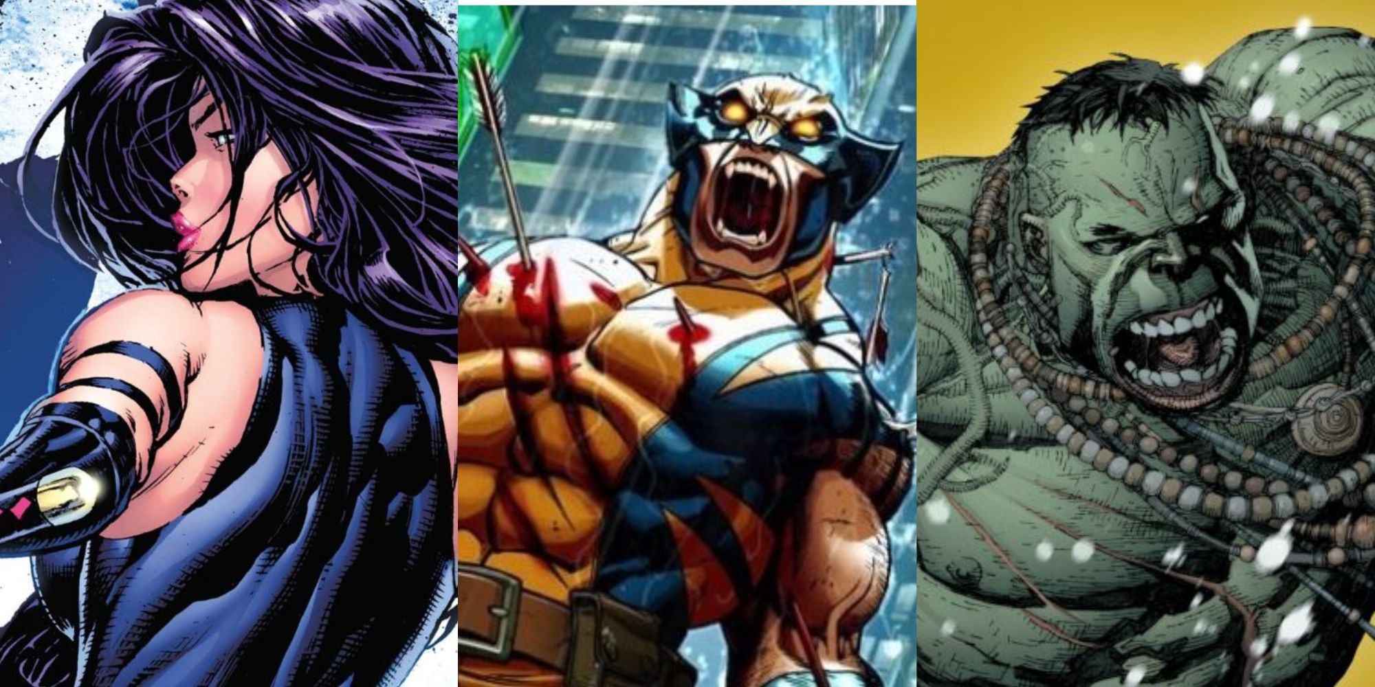 A split image of Psylocke, Wolverine, and Ultimate Hulk in Marvel Comics