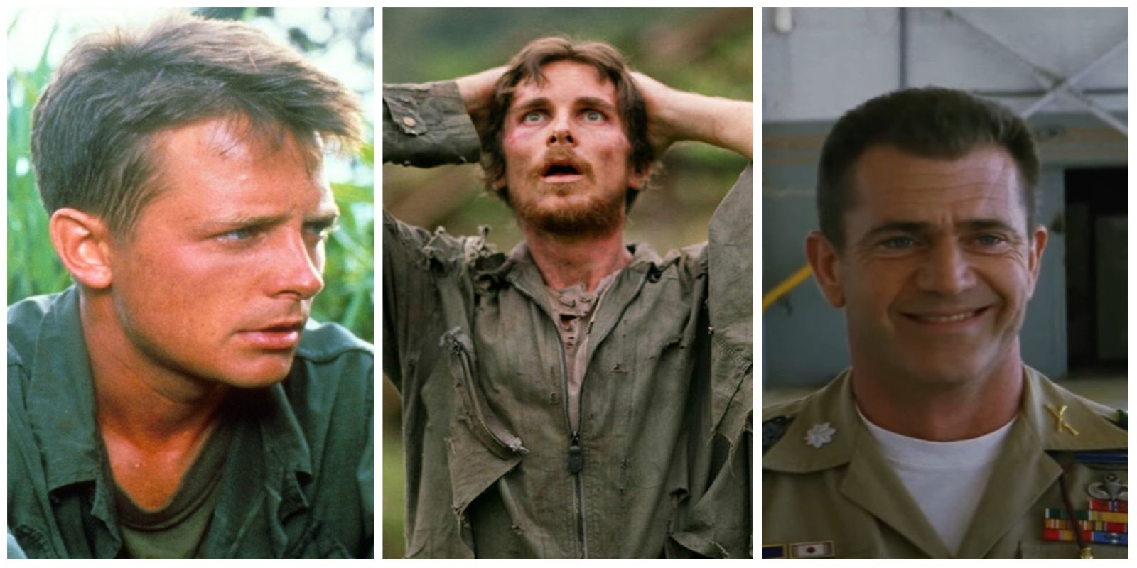 A split image of Michael J. Fox in Casualties of War, of Christian Bale in Rescue Dawn, and of Mel Gibson in We Were Soldiers