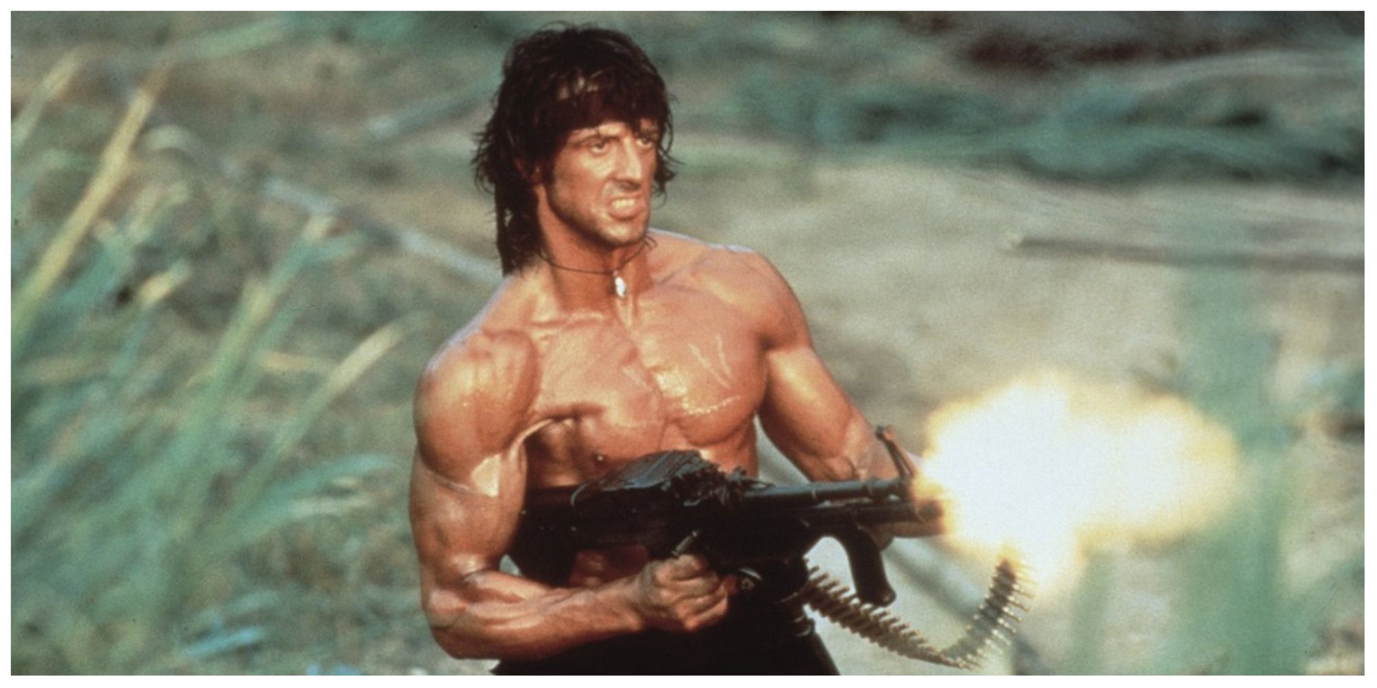 Rambo firing a light machine gun in Rambo