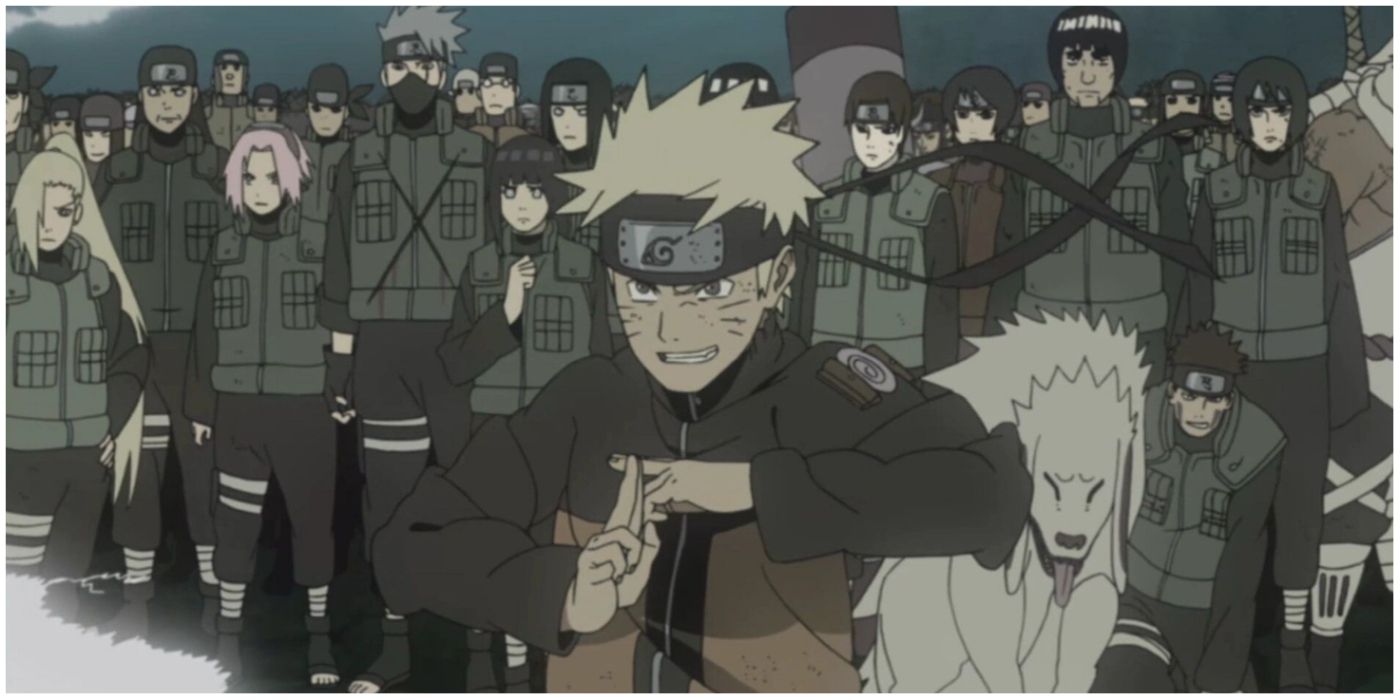 Naruto e as forças aliadas Shinobi se preparando para atacar o Dez-Caudas