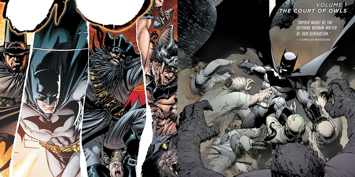 A split image of the cover for Batman: Return of Bruce Wayne and of the cover for Batman: Court Of Owls