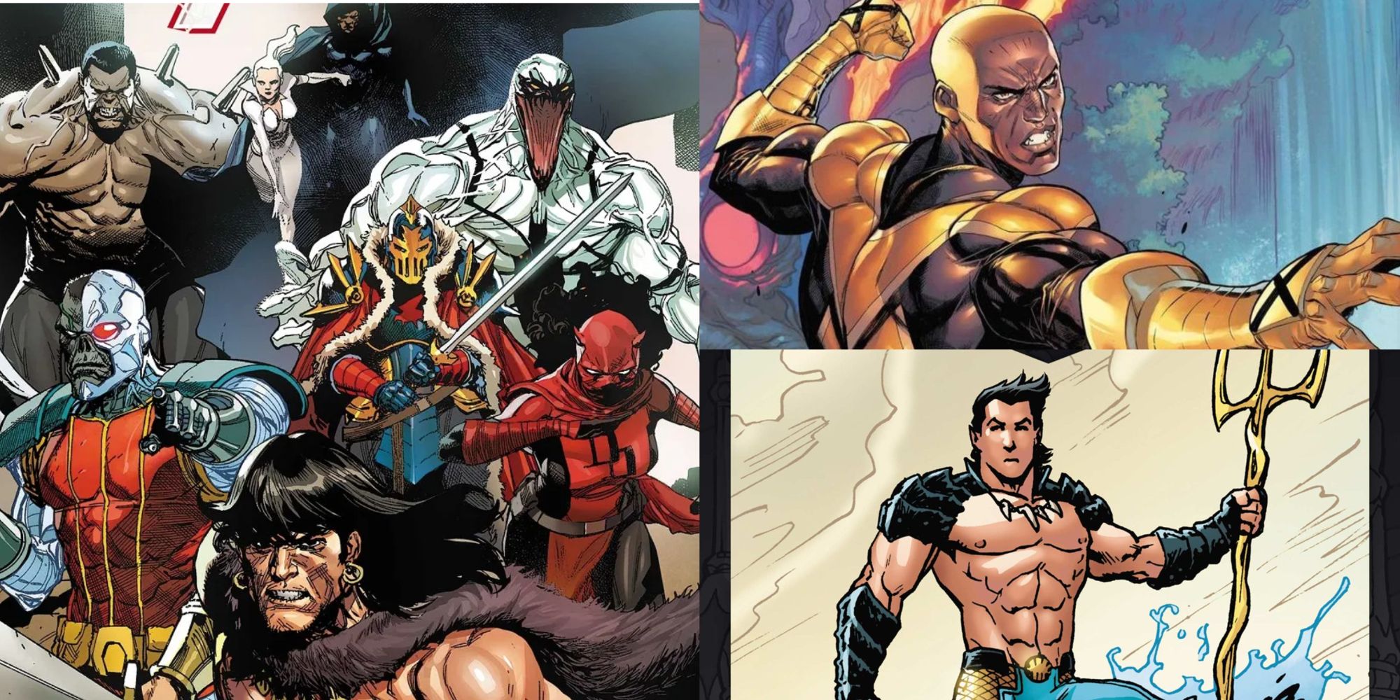 Clockwise from left: the Savage Avengers, Synch, and Namor in Marvel Comics