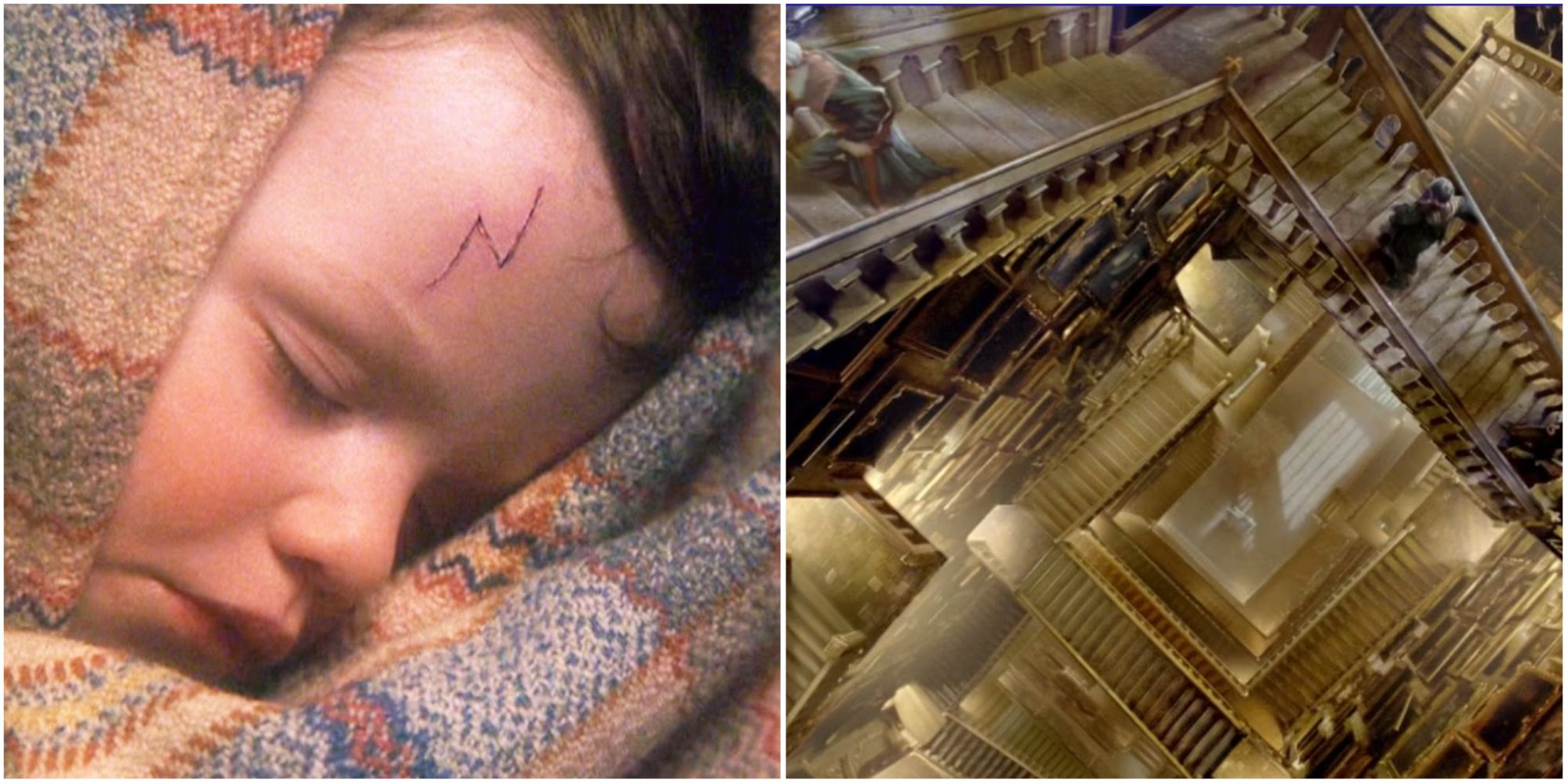 Harry Potter split image of young Harry and Hogwarts' stairs