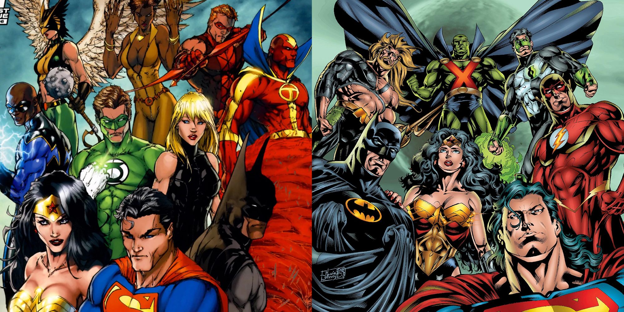 A split image of Justice League teams in The Tornado's Path and New World Order